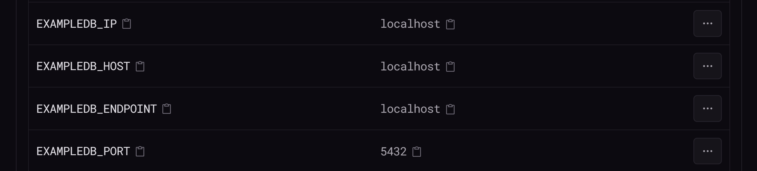 A cropped screenshot shows four database variables: EXAMPLEDB_IP, EXAMPLEDB_HOST, EXAMPLEDB_ENDPOINT, abd EXAMPLEDB_PORT.