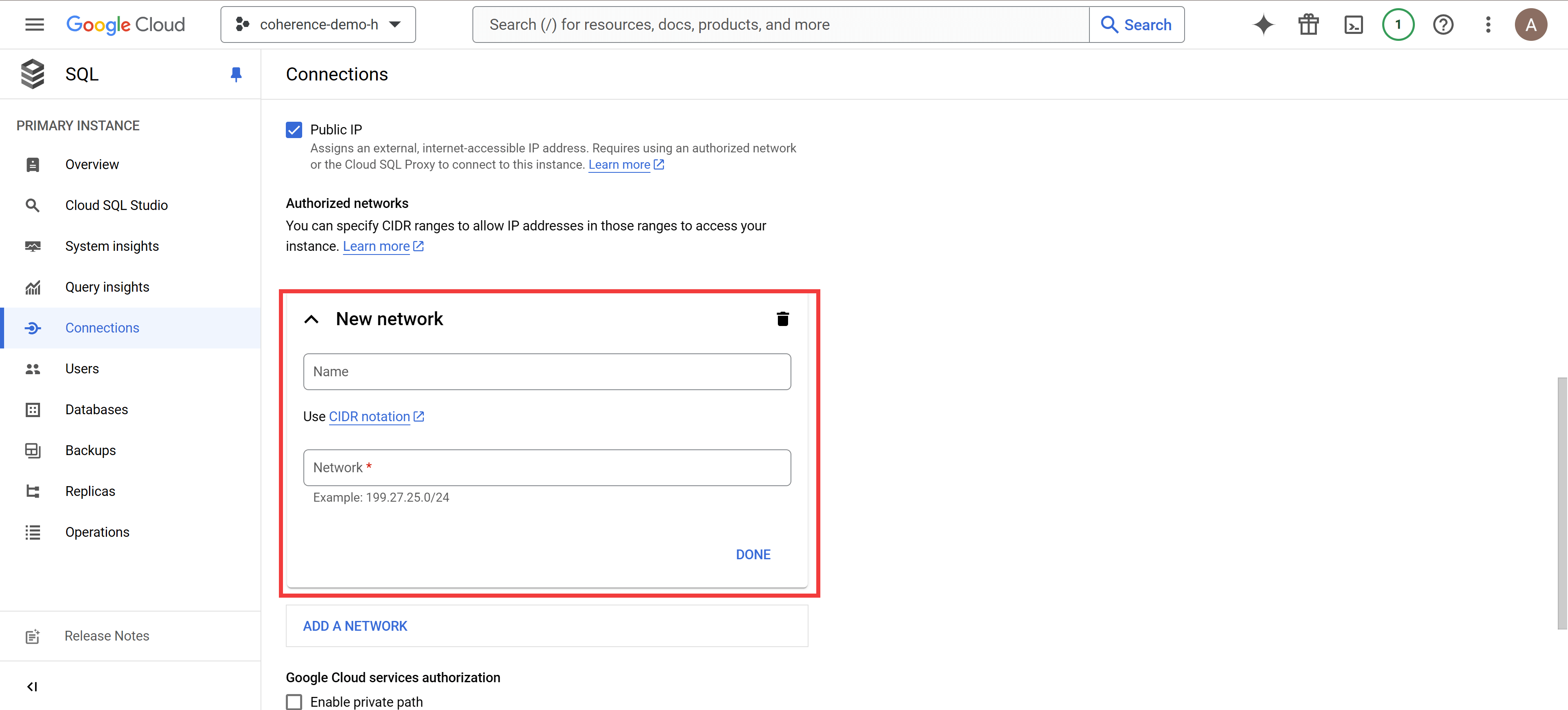 A screenshot shows a "New network" dialog in the "Connections" tab on the Google Cloud SQL dashboard.