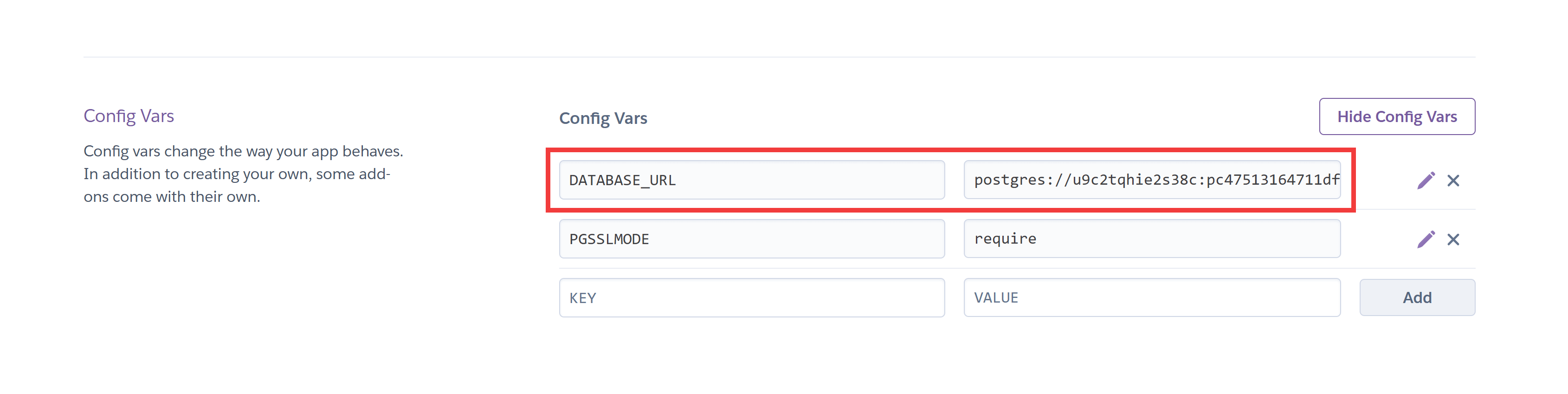 A screenshot shows the "Config Vars" section of the Heroku settings page.