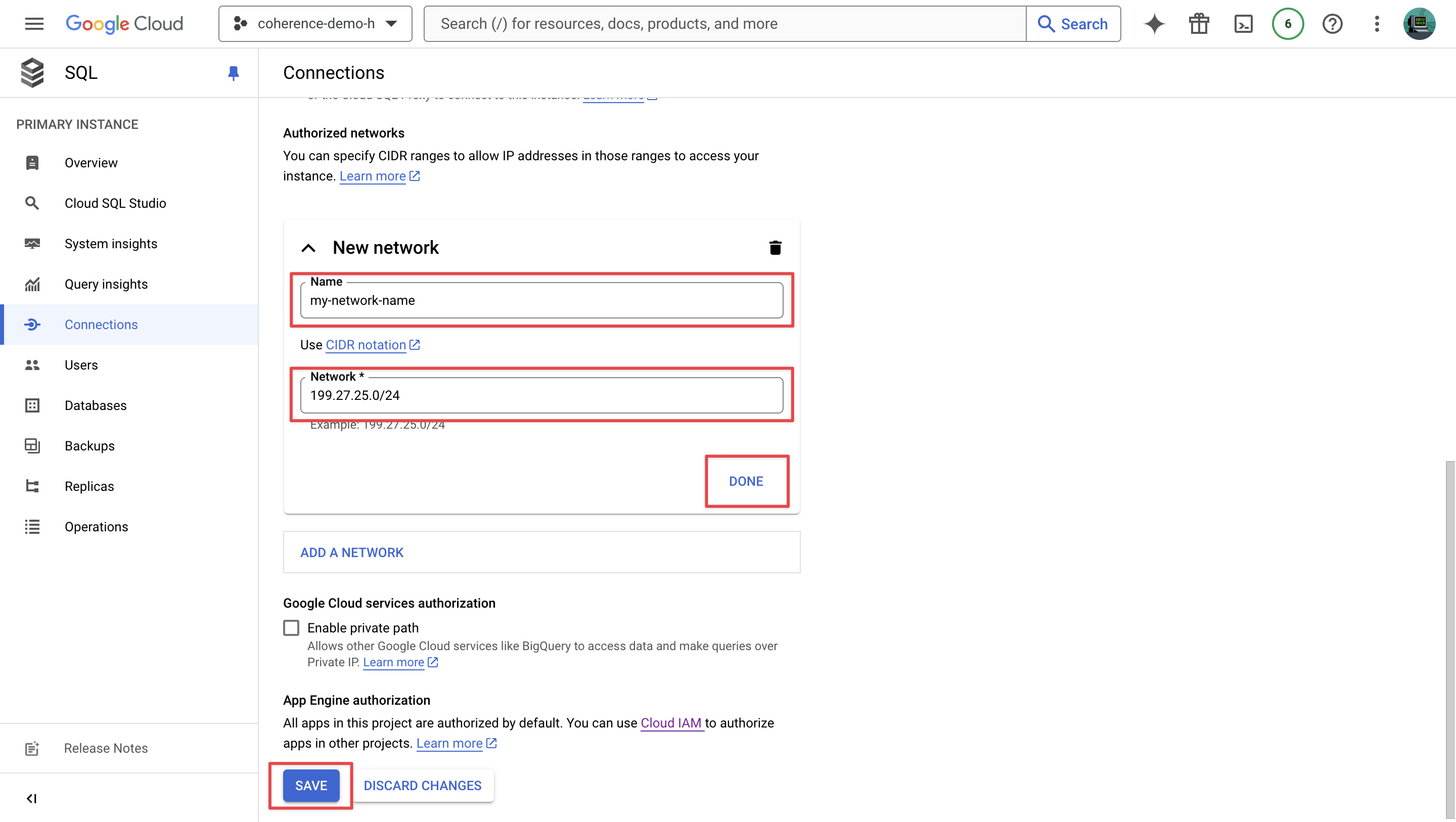 A screenshot shows a "New network" dialog in the "Connections" tab on the Google Cloud SQL dashboard.