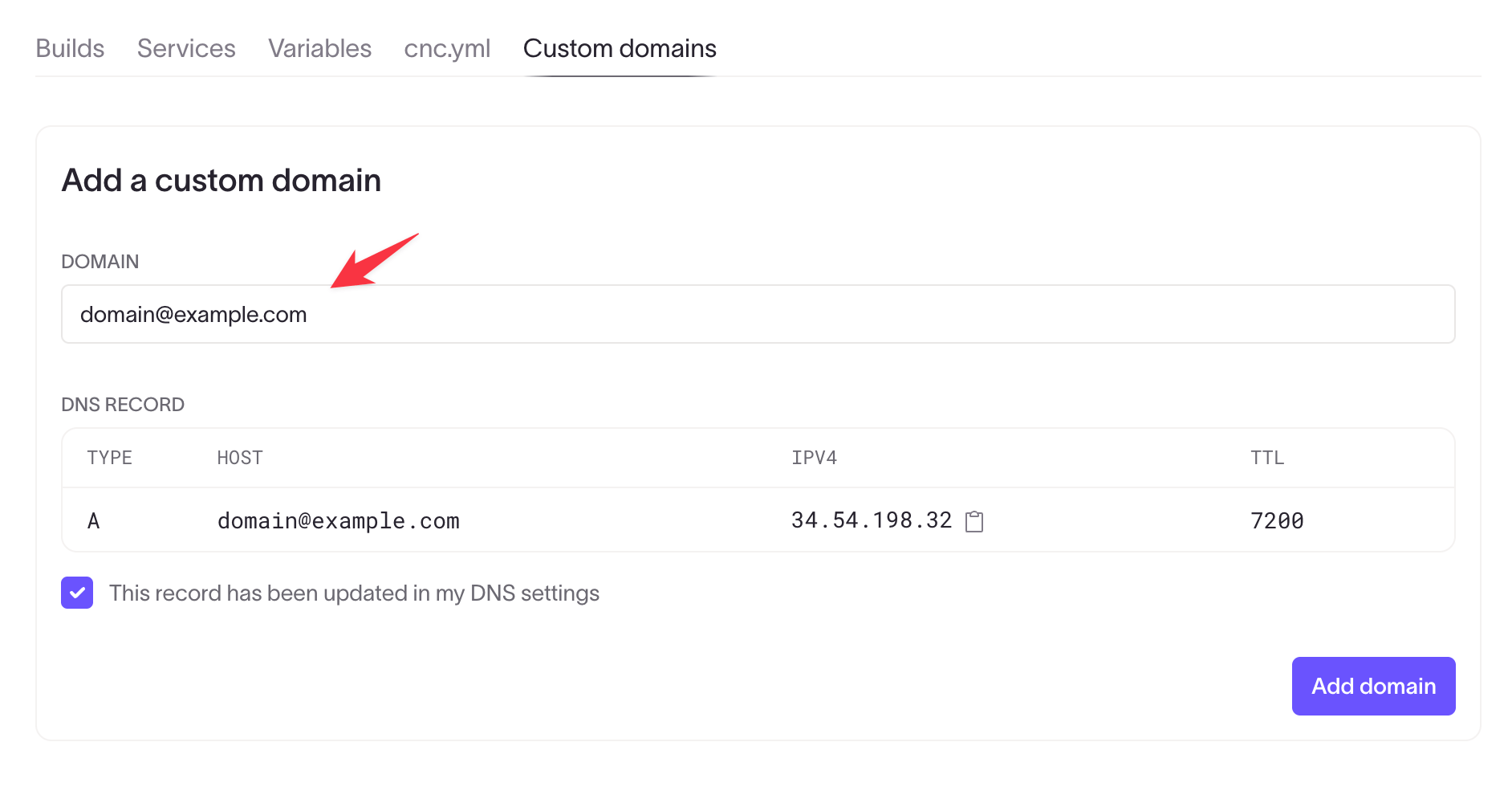 A screenshot shows the domain under the "Add a custom domain" header in the "Custom domains" tab of an environment homepage on Coherence.