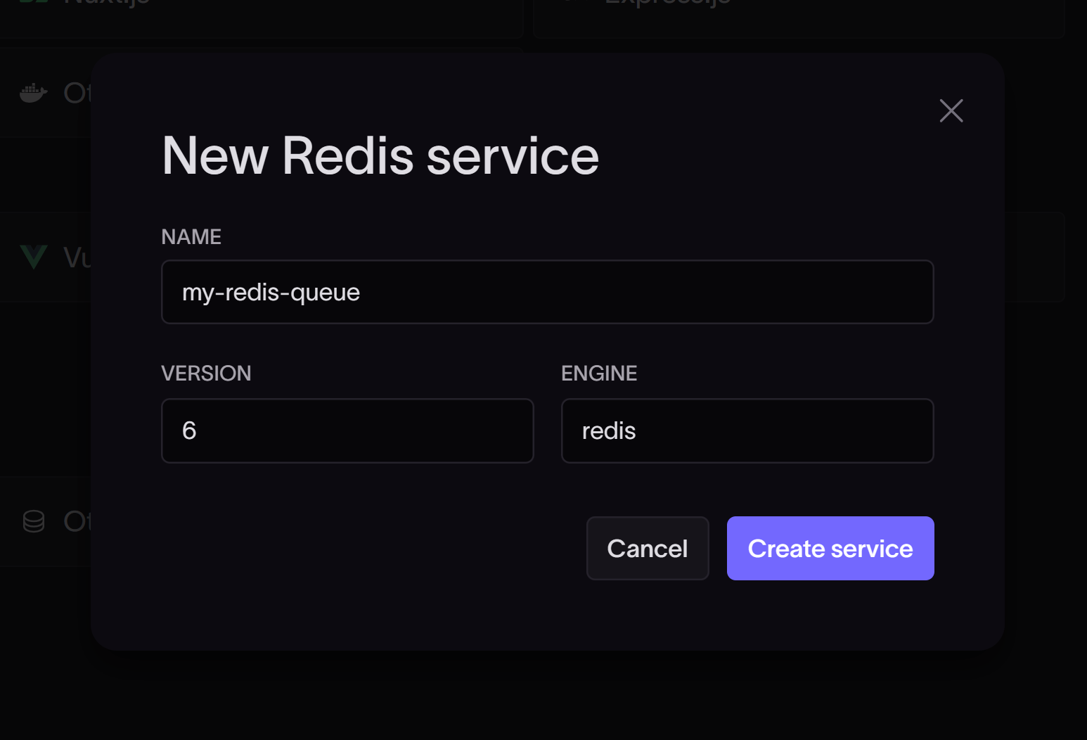 A cropped screenshot shows the "New Redis service" dialog.