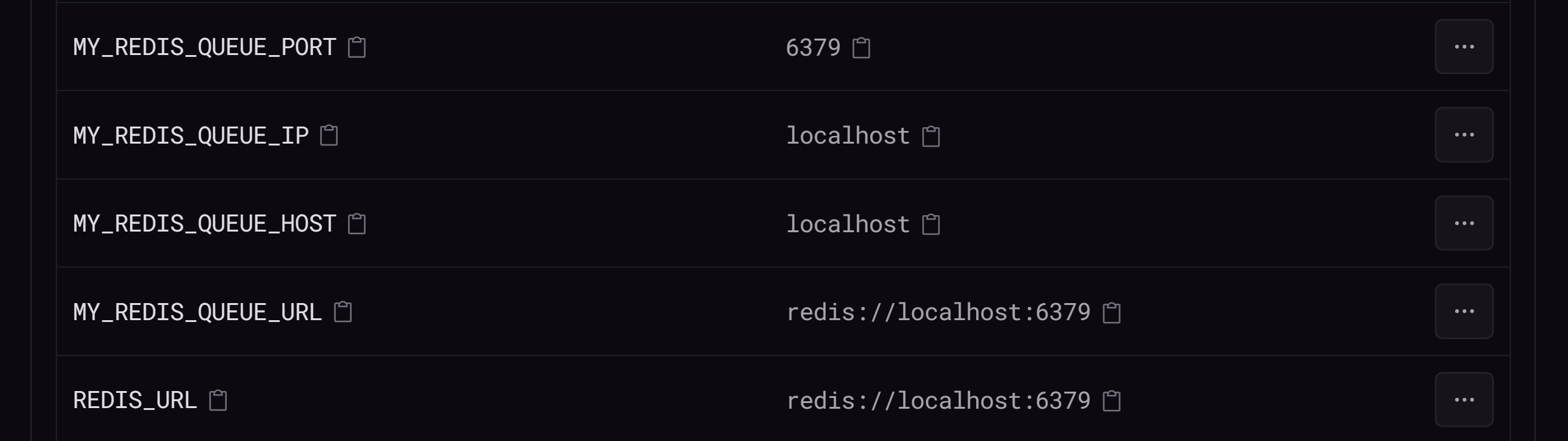 A cropped screenshot shows five environment variables: MY_REDIS_QUEUE_PORT, MY_REDIS_QUEUE_IP, MY_REDIS_QUEUE_HOST, MY_REDIS_QUEUE_HOST, and REDIS_URL.