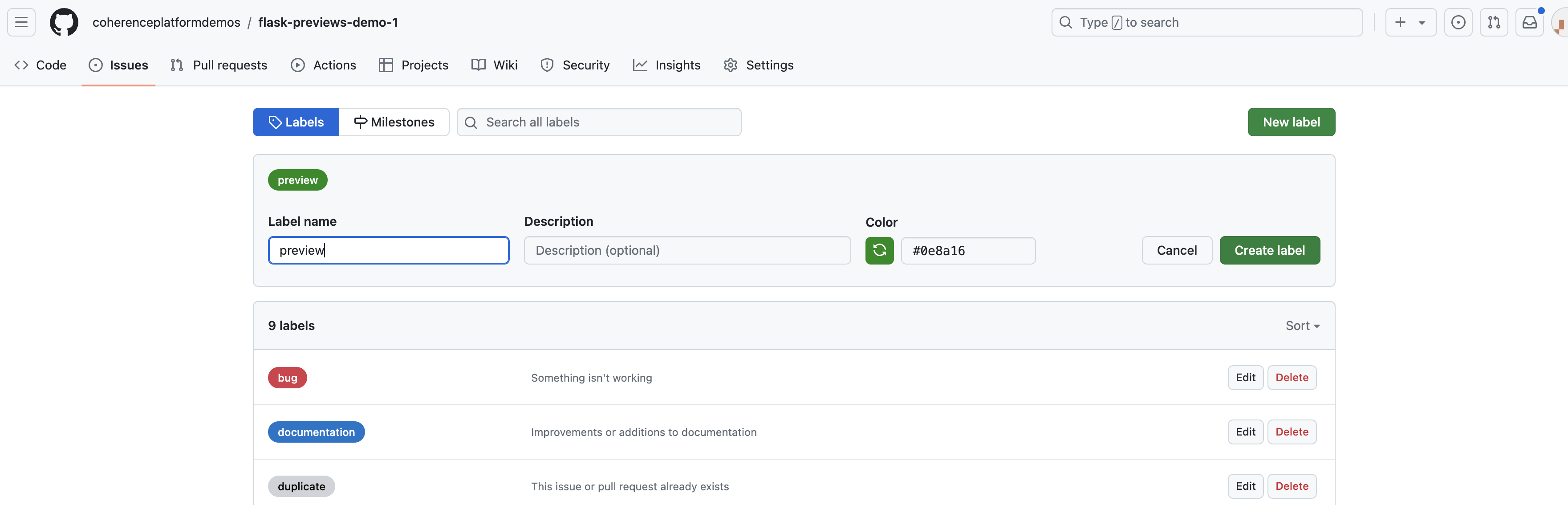 A screenshot shows the creation of a "preview" label on GitHub.