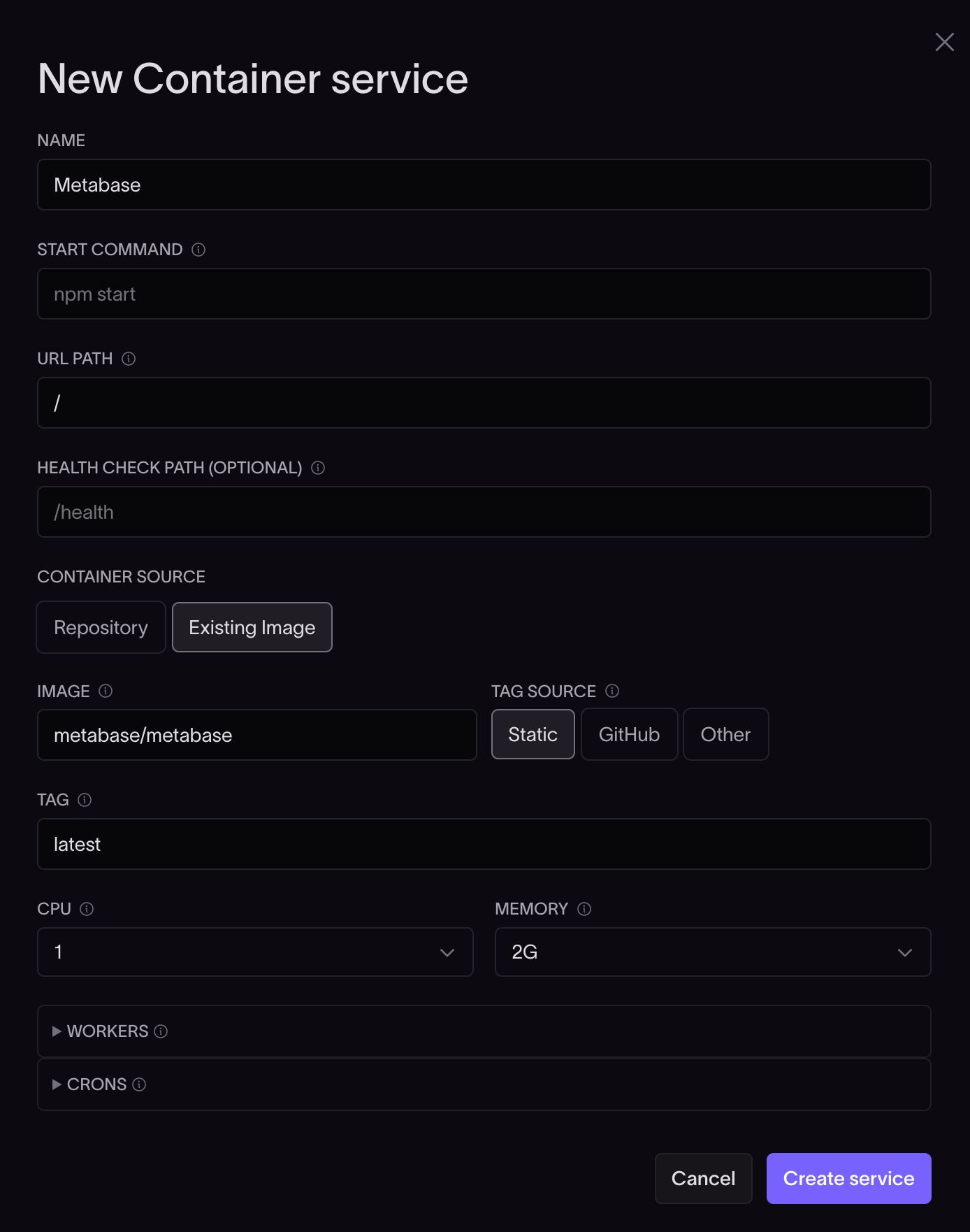 New container service form with the fields filled in