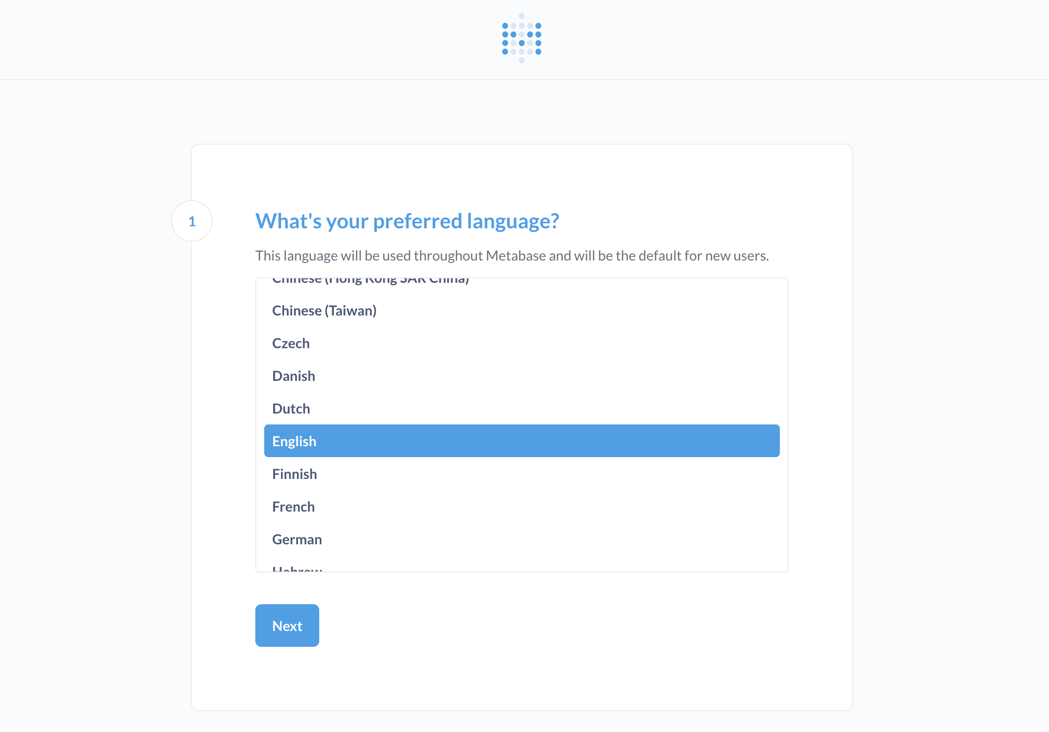 Metabase setup form