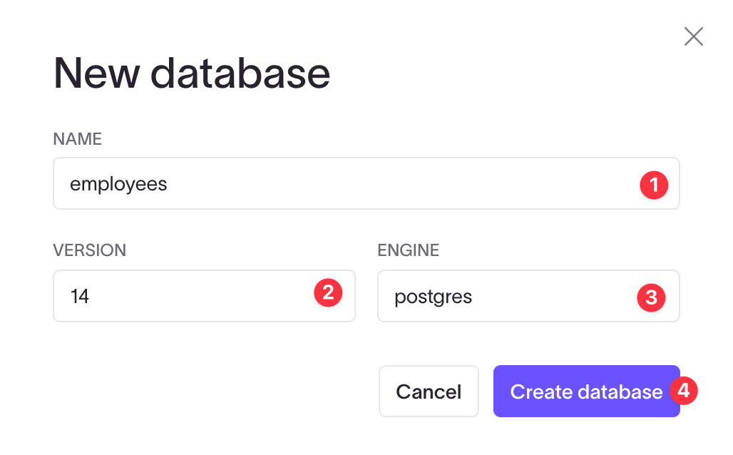 New database creation form